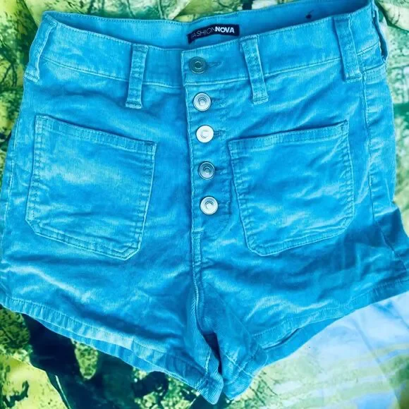 Fashion Nova blue corduroy button fly high waisted shorts size 5 - Picture 1 of 6